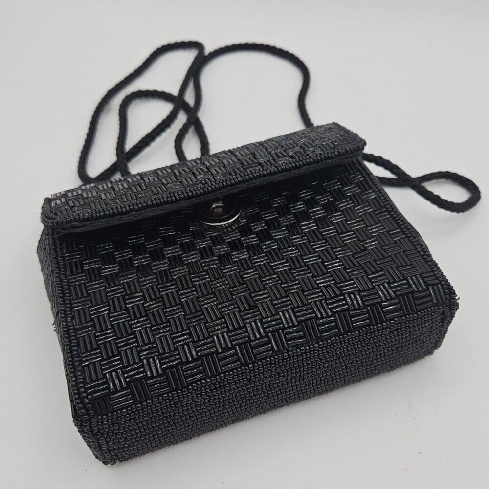 Oleg Cassini Black Beaded Evening Handbag Shoulder Cross Body Strap Party Formal